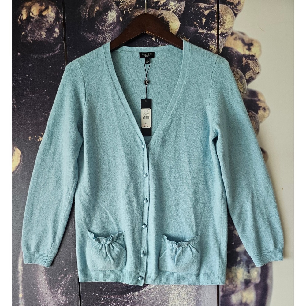 Talbots Petites Cardigan Sweater V Neck Long Sleeve Blue Pocket Lambswool PS NWT